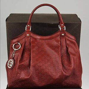 GUCCI Red Wine Burgundy Guccissima Large Sukey Leather Tote Hobo Shoulder Bag